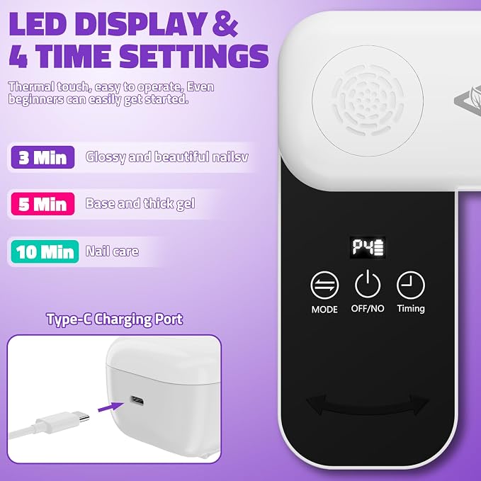 Compact Cordless UV Nail Lamp, 2‑in‑1 Gel Dryer & Nail Care Light with 4 Light Modes, Rotatable Panel & UV Protection Design, Portable LED Nail Light with 4 Modes ＆ Timer for Salon and Home