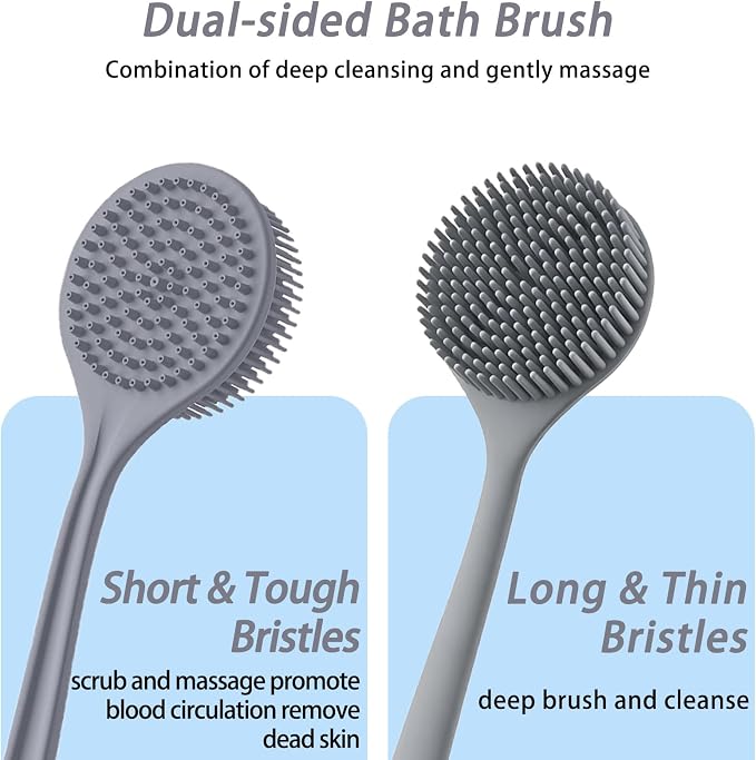 Silicone Back Scrubber for Shower, 17in Lengthen Long Handle Body Brush, Double Sided Shower Brush for Shower Exfoliating and Massage,Includes 2 Hooks(Grey)