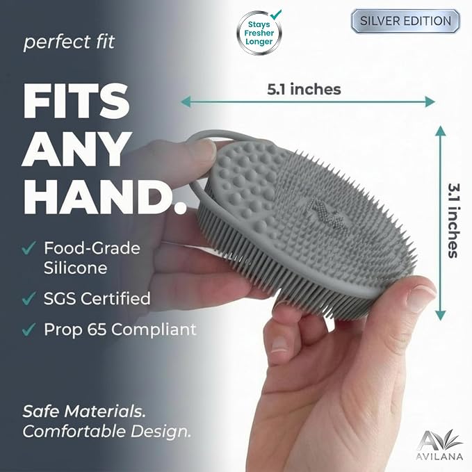 Avilana Silicone Body Scrubber for Shower – SGS Certified Food Grade Dual Sided Bath Brush, Gentle Exfoliating Silicone Loofah Alternative, Sensitive Skin Body Brush (Blue-Silver, Exfoliate)