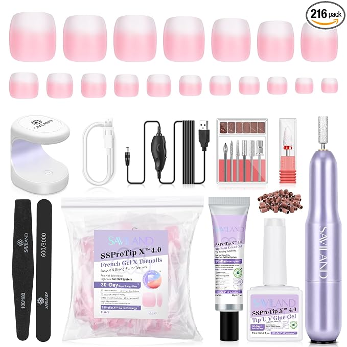 SAVILAND Gel Nail X Kit for Toes: 216 Pcs Toenail Press Ons White Pink Ombre Fake Toe Nails Long Lasting Solid Nail Glue Gel Nail Dryer Acrylic Nail Drill for Quick Nail Extension Starter Home DIY