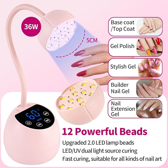 UV Nail Lamp,36W Cordless Gooseneck UV Light Gel x Flash Cure Lamp with 3 Timers and Auto Sensor for Gel Polish Nail Art(Pink)