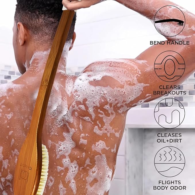 ICANdOIT-19.68Inch Natural Boar Bristles Anti-Slip Extra Long Handle Bath Brush,Bent Handle Shower Scrubber for Exfoliating,Shower Back Brush,Exfoliation Set with Pumice Stone (1 Pack)