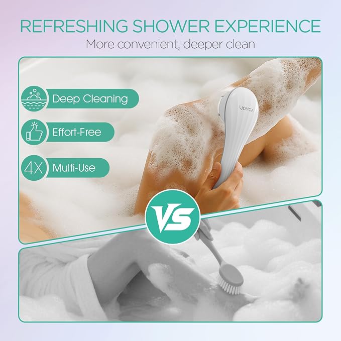 VOYOR Electric Body Brush Back Scrubber for Shower Rechargeable BC100, Grey | Exfoliating Bath Brush Powered Shower Brush with Non-Slip Long Handle Deep Cleansing, Exfoliation, Massaging Spin Brush
