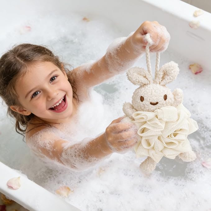 Bunny Bath Pouf 2-Pack, Kids Shower Loofah Sponges, Soft Mesh Gentle Exfoliating Body Puff, White (2Pcs)