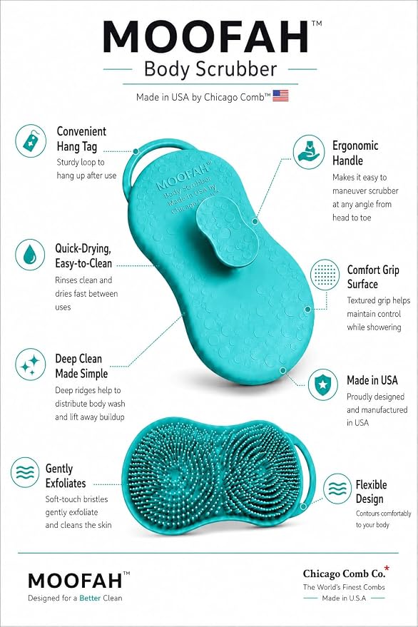 MOOFAH™ Body Scrubber- Deep Cleansing, Gentle Exfoliation for Smoother Skin, Soft-Touch Bristles, Made in USA by Chicago Comb, Easy Rinse, Quick-Dry (Aqua)