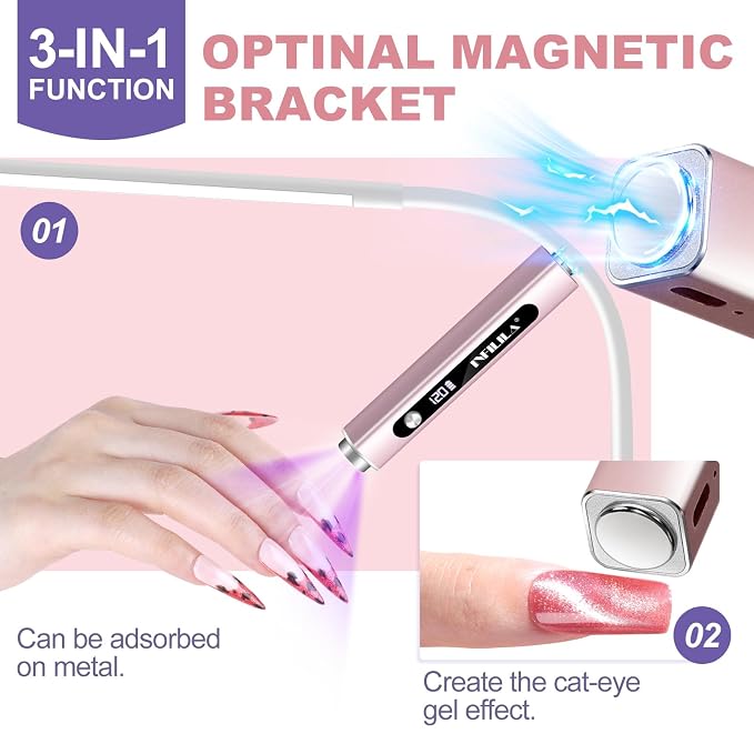 NXJ INFILILA Multi-Functional Handheld UV Light Lamp for Gel Nails with Cat Eye Magnet - Portable Flash Cure Nail Lamp for French Manicures, Detail Work, Type-C Cordless for Travel & Home Use (Pink)