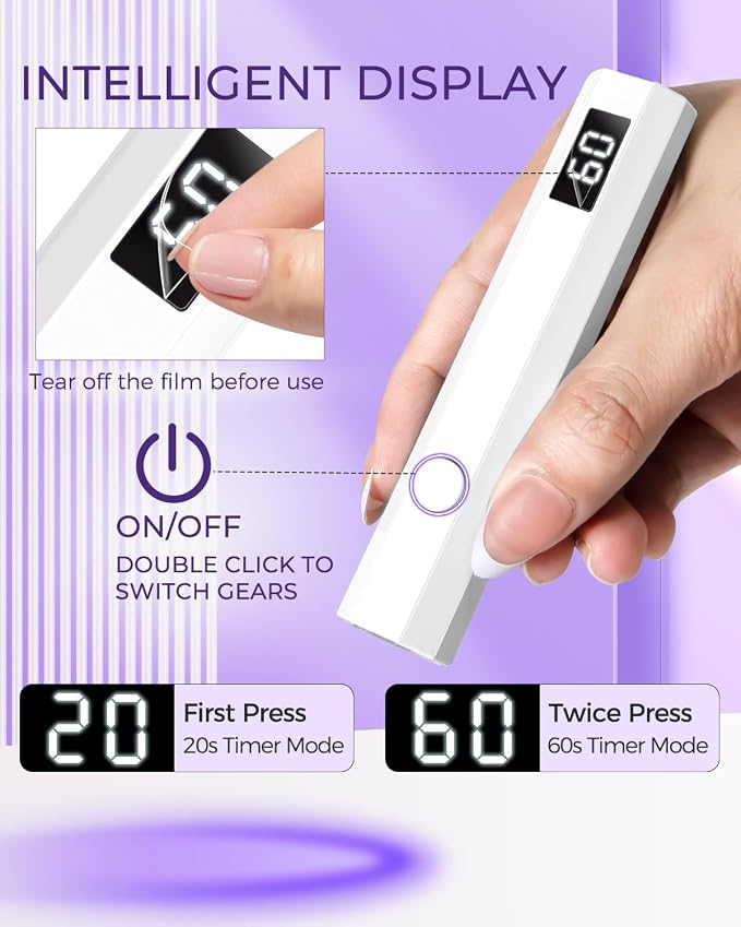 mlogiroa Mini UV Light for Nails with 2 Timer Settings | LCD Display, 20s/60s Timers, Handheld, Portable, 3W, 180mAh, 395-405nm UV Light, Suitable for Travel, Home, DIY, Salon
