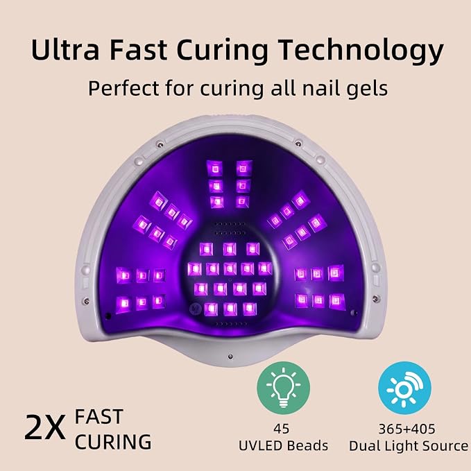 UV LED Nail Lamp, 280W Fast Curing Gel Nail Dryer for Gel Polish, Rhinestone Glue, Solid & Liner Gel, 4 Timers & Spacious Chamber with Smart Sensor, Professional 45Pcs LEDs for Home Salon Use