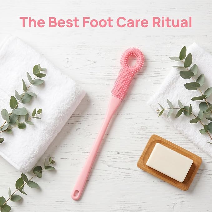 Soft Foot Brush for Shower with Long Handle Toe Cleaner and Dead Skin Remover Silicone Bristle Foot Scrubber for Elderly Ergonomic Grip Bath and Body Brush