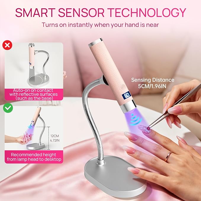 Krofaue Handheld UV Lamp with Auto-Sensor, Rechargeable Nail Dryer | Magnetic head, 360° gooseneck, 30s/60s timers, LCD display, 800mAh battery, 60min cordless use, for salon home travel