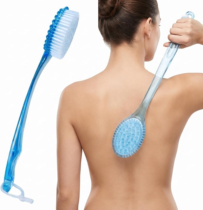 Bath Brush with 14-Inch Curved Long Handle, Cleansing Back Body Scrubber | Exfoliating shower body brush with soft bristles for wet or dry skin brushing. Back massager & scrubber for men & women.