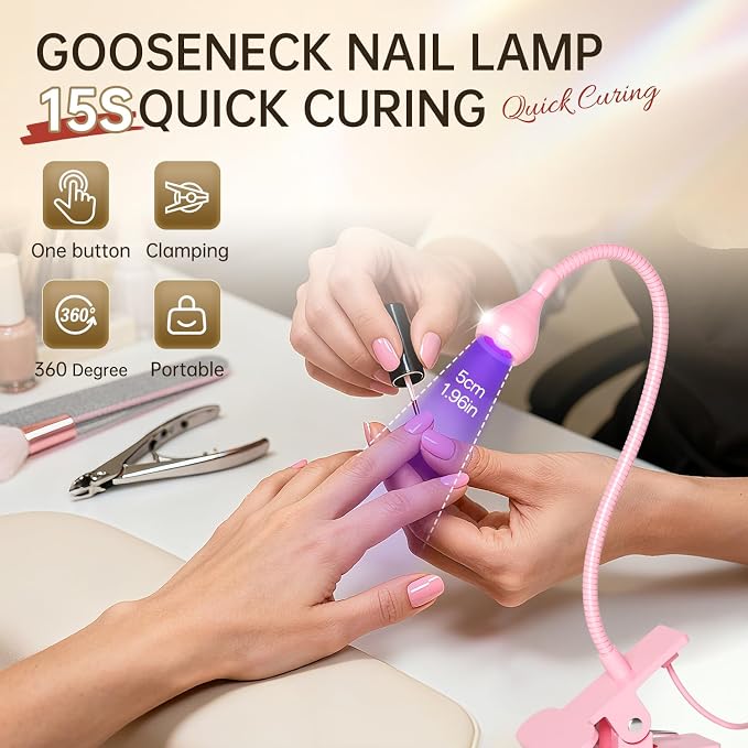 AORAEM LED Nail Lamps Flexible Gooseneck Lamp Gel Polish Curing Light Pink | Quicky Dry Nail Manicure Dryer Plug Play Portable Flash Cure Light for Gel Nails Home DIY Professionals