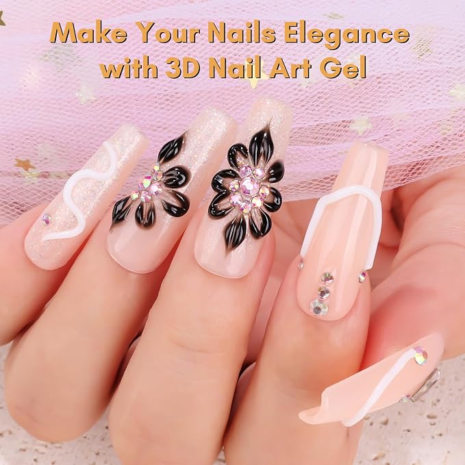 Makartt 3D Nail Gel, 2 Pcs 15g Nail Sculpting Gel for Molding and Drawing | Clear and Black Rhinestone Glue, Gems Decoration, Carving and Painting Nail Art, No Wipe