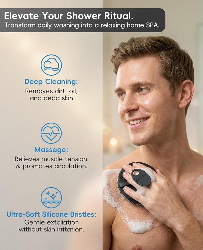 Soft Silicone Shower Brush Body Wash Bath Exfoliating Skin Massage Scrubber | 1 Pack Dry Skin Brushing Glove Loofah, Fit for Sensitive and All Kinds of Skin(Black)