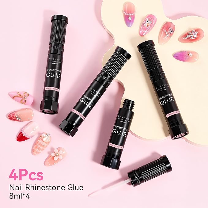 Makartt Nail Rhinestone Glue: Precision Tip and Brush for Tiny Gems 4 x 8ml | Low Viscosity, UV/LED Cured, Gap Filling, Small Charms, Glitter, Pearls and Sequins, 3D Sculpting, DIY and Salon Use