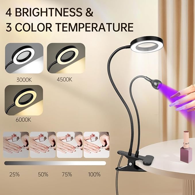 AORAEM LED UV Nail Lamp with Double-Head and 6X Magnifier, Black | Gooseneck Lamp for Gel Nails, Flash Cure Lamp for Home DIY Salon