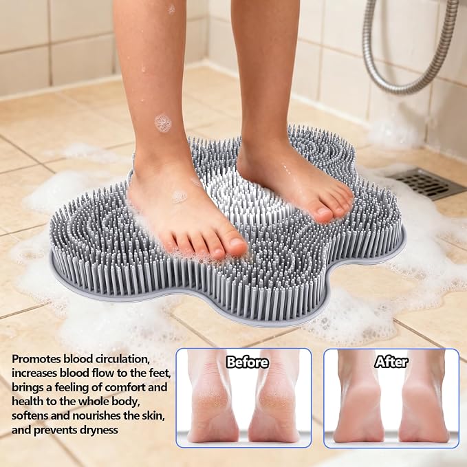 Kalolary Silicone Shower Foot Scrubber Mat with Non-Slip Suction Cups | Back Exfoliating Cleaner Foot Scrubber in Shower Cleaner Brush to Exfoliate and Massage Feet Without Bending Over (Flower)