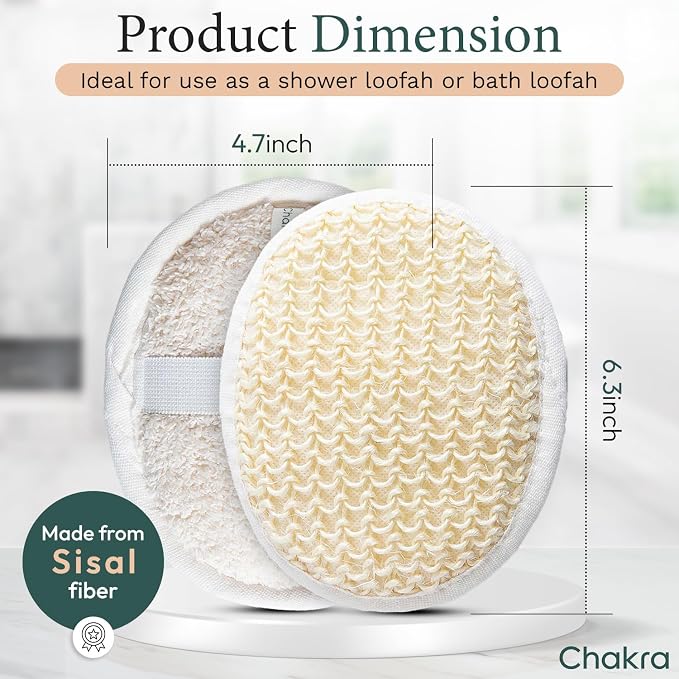 Chakra Sisal Fiber Exfoliating Loofah Pad Scrubber for Face and Body - Deep Cleansing Scrub Sponge, Essential Bath and Shower Accessory