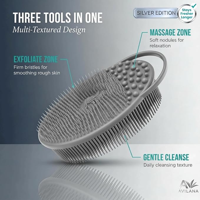 Avilana Silicone Body Scrubber for Shower – SGS Certified Food Grade Dual Sided Bath Brush, Gentle Exfoliating Silicone Loofah Alternative, Sensitive Skin Body Brush (Gray-Silver, Exfoliate)