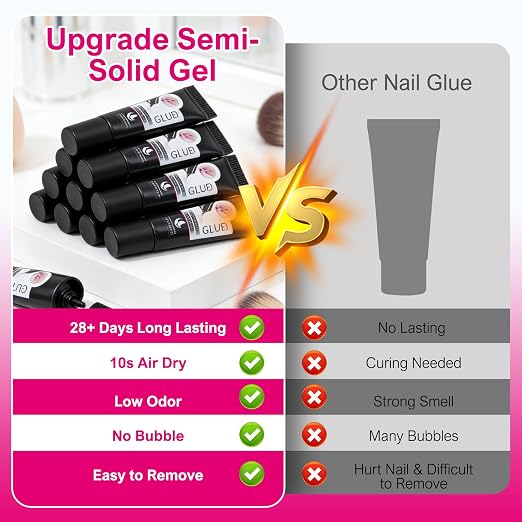 Nail Glue for Press On Nails 6ml x 6Pcs, No UV Light Semi Solid Nail Glue | Super Strong Glue Mini Tubes Quick Drying Gel Long Lasting for Fake Acrylic Nails