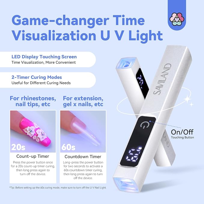 SAVILAND LED U V Light with Magnetic Stand & LCD Screen Portable Nail Lamp Kit Handsfree 2-Timer Modes Portable Mini Nail Dryer Stand for Gel Nails USB Rechargeable and Cordless for Home DIY Manicure | Magnetic design, LCD screen, 2 timers, USB recharg...