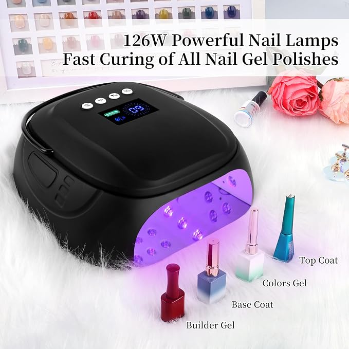 126W Rechargeable UV LED Nail Lamp, Portable Cordless Nail Dryer with Auto Sensor and 4 Timer Settings, Professional Curing Lamp for Gel Polish and Salon (Black)