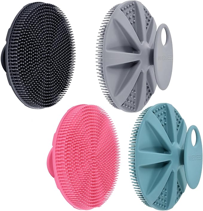 Food-Grade Silicone Body Scrubber with Exfoliating Net Sponge Case, 4pcs | Handheld Bath Cleansing Scrub Shower Brush Set For Women Men, All Skin Types, Deep Clean, Lather Well, INNERNEED