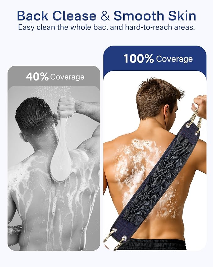 Yiclick Back Scrubber for Shower, Exfoliating Washcloth Towel with Handle, Body Scrubber Exfoliator, Bath Sponge Loofah Luffa, Back Washer Wash Cloth for Men Women, Korean Exfoliate Body Scrub