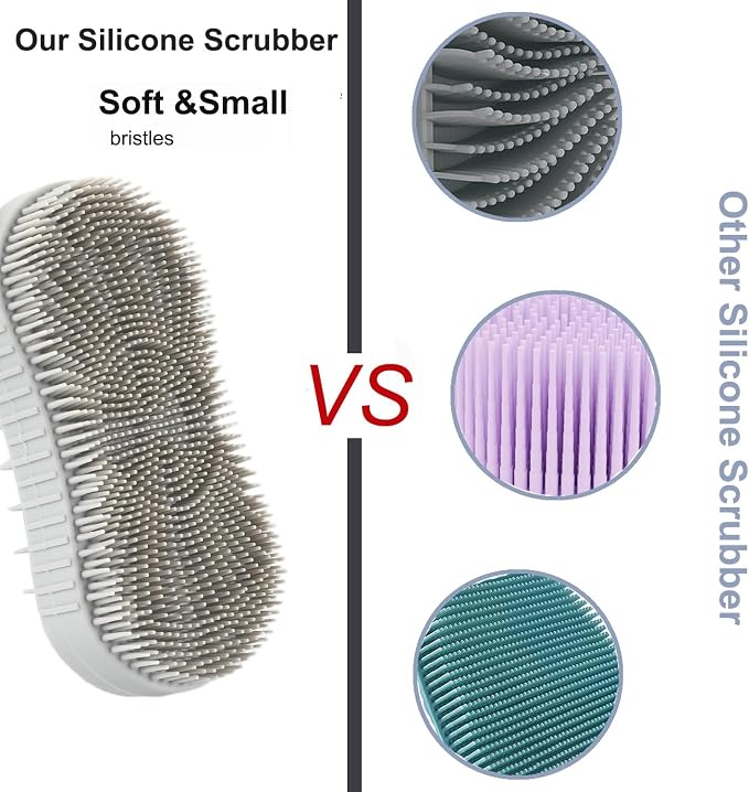 Silicone Body Scrubber, Double Sided Exfoliating Brush with Soft Flexible Bristles, Scalp Massage and Shampoo Tool with Hanger Loop(Grey)