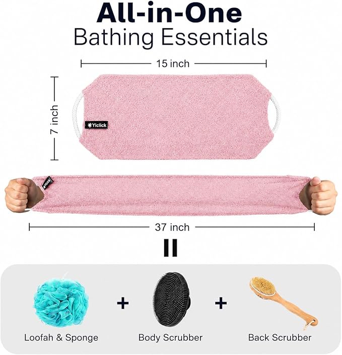 Yiclick Exfoliating Washcloth Towel with Handle, Back Scrubber for Shower, Exfoliating Body Scrubber Exfoliator, Japanese Wash Cloth for Body Scrub, Bath Sponge Loofah Luffa Washer Exfoliator