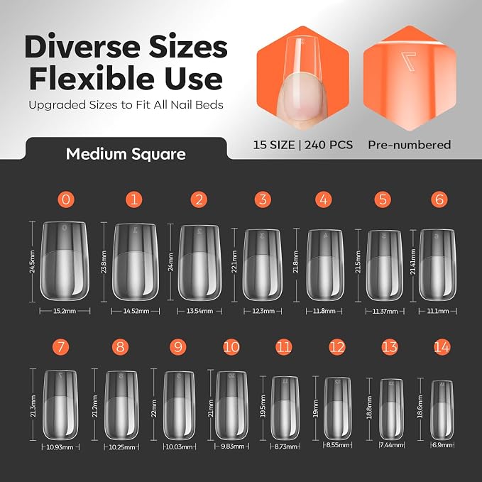 modelones Gel Nail Kit Square 240pcs 15sizes Apex Fake Nail Tips Glue Lamp