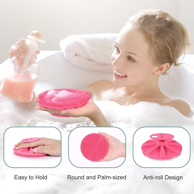 INNERNEED Food-Grade Soft Silicone Body Scrubber Shower Brush, Pink | Handheld Cleansing Skin Brush, Gentle Exfoliating and Lather Well, Hygienic Bath Scrub for Women, Men