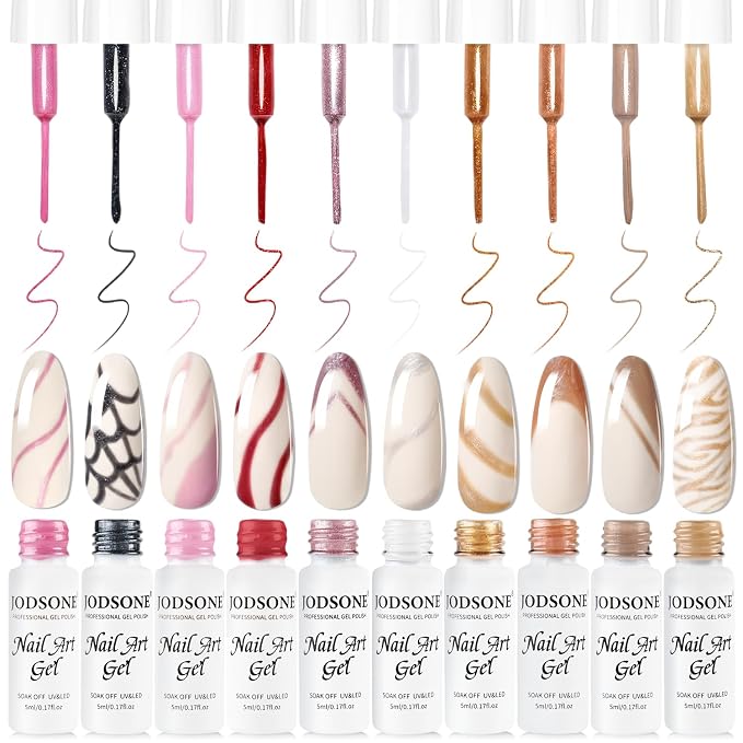 JODSONE Nail Art Gel Liner Set 10 Colors Glitter Red Black Pink Gel Nail polish Need U V Lamp Cured with Thin Brush at Home Salon Design,Gifts for Women
