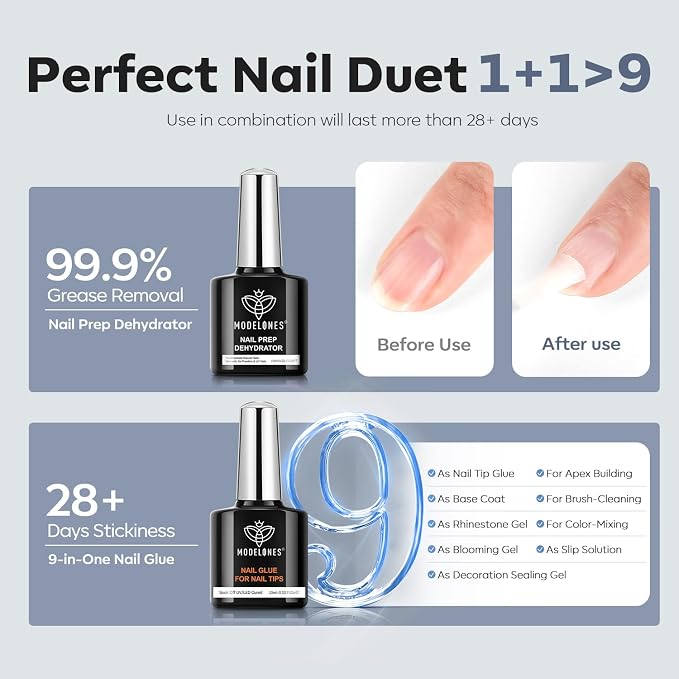 modelones X Nail Gel Kit , 9-in-One Glue Prep Dehydrator UV Light Clipper | 510Pcs Short CoffinFake Nails 15Sizes Pre-shaped Half Matte Press on Short Coffin Tips for DIY Salon