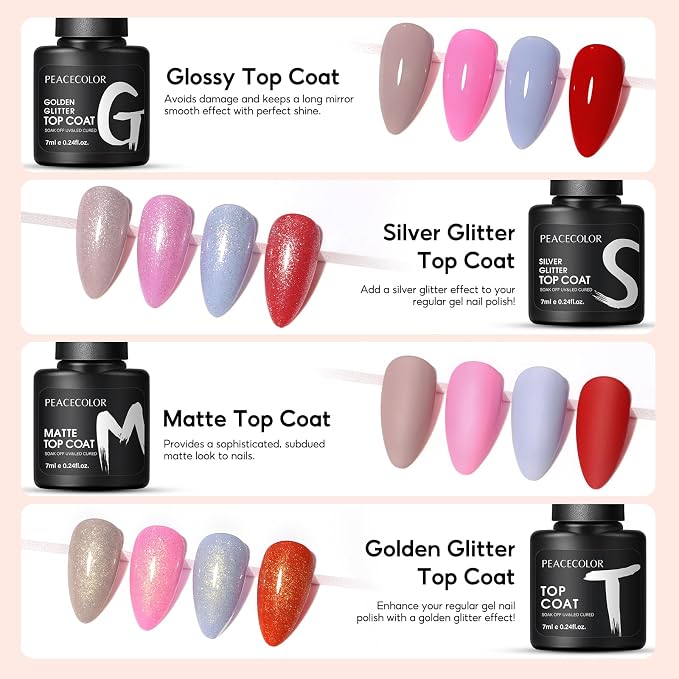 Peacecolor 26PCs Gel Nail Polish Set ,Spring Colors Gel Polish Kit with 5Pcs Glossy/Matte/Glitter Top Base Coat Nude Pink White Green Red Blue Soak Off Gel Manicure Kit Gifts for Women DIY