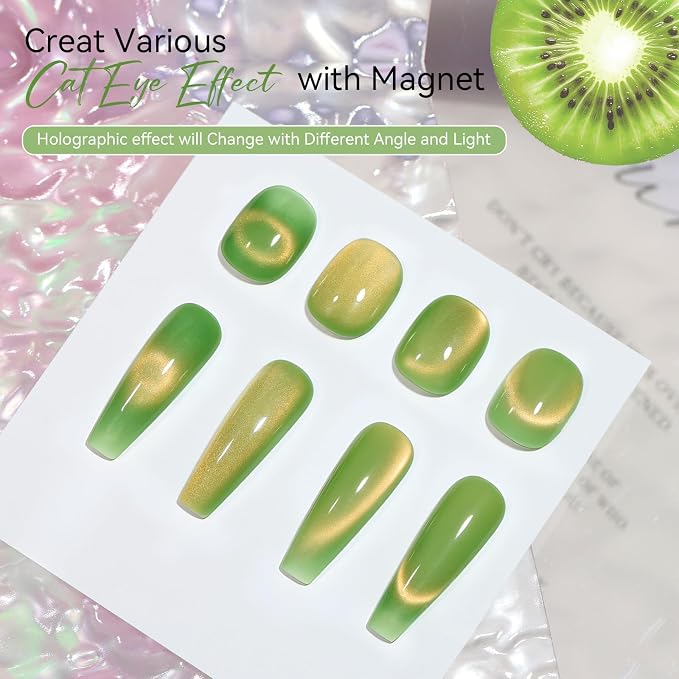 Makartt Cat Eye Gel Nail Polish - 10ml Premium Holographic Magnetic Gel with Magnet Stick, Shimmery Galaxy Effect, Long-Lasting Soak Off UV for Salon & Home DIY - Kiwi Green
