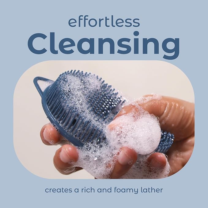 MainBasics Silicone Body Scrubber Dual-Sided, Dark Blue, Exfoliate | Shower Exfoliator for Men & Women, Gentle Silicone Loofah Alternative for Deep Clean