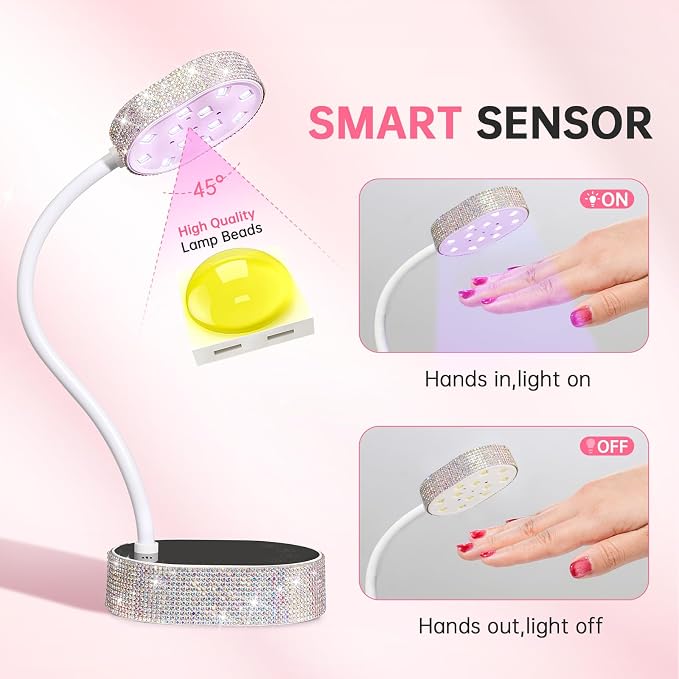 Flash Cure Nail Lamp, UV Nail Lamp for Gel Nail, Cordless, LCD, Auto Sensor | 36W | Type-C | 1500mAh | Rhinestone | Mini Size | Gooseneck | Easy to Carry | DIY Manicure | AB Diamond