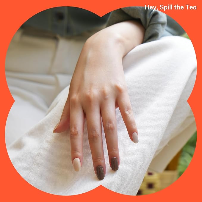 Heyhae Semi Cured Gel Nail Strips Salon Quality - Hey, Spill the Tea | No UV Light Needed | Salon Quality, Easy Apply & Remove | 28 Strips, 1 Prep Pad, Nail File, Wooden Stick | Neutral Solid
