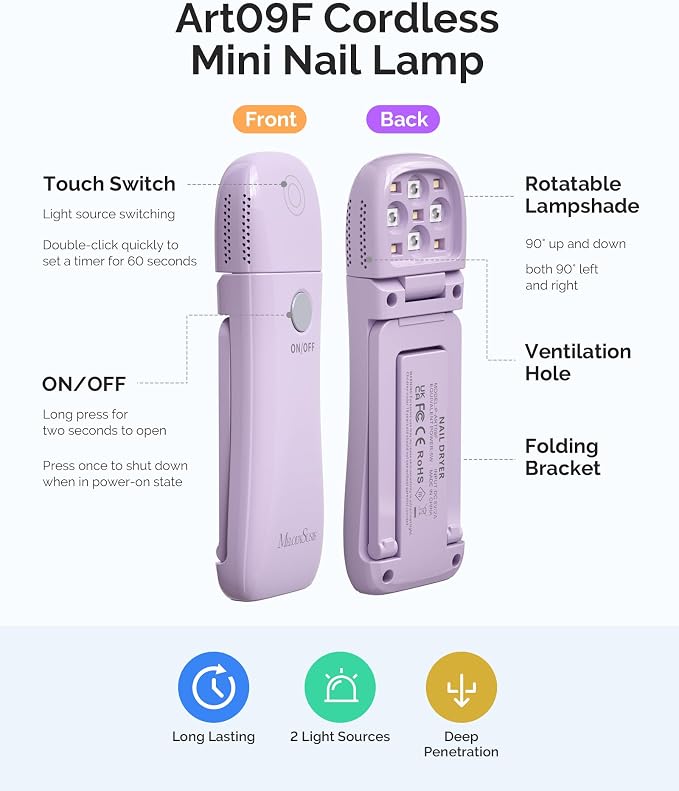MelodySusie 2in1 Mini Cordless UV Nail Lamp P-ART09F for Manicure Beginners | Hands-Free Fold-out Stand,Lighting & Curing 2 Mode,30s/60s Timer, Use for Home Nail Art Design, 1000mAh Battery