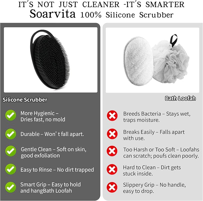 2 Pack Silicone Body Scrubber for Shower - Soft & Gentle Loofah Alternative for Sensitive Skin, Quick-Drying & Hygienic Body Wash Scrubber Brush for Women, Men & Kids (Black & Pink)