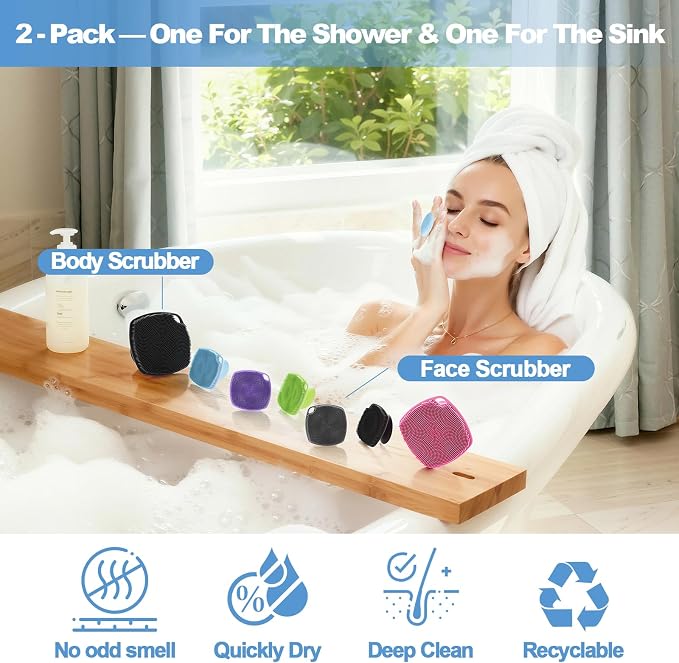 2 Pack Face Scrubbers, Silicone Face Scrubber Soft Bristles, Gentle Lather, Exfoliating & Deep Cleaning for Sensitive Skin, Giant Suction Cup Stick Securely, Easy to Store (Blue)