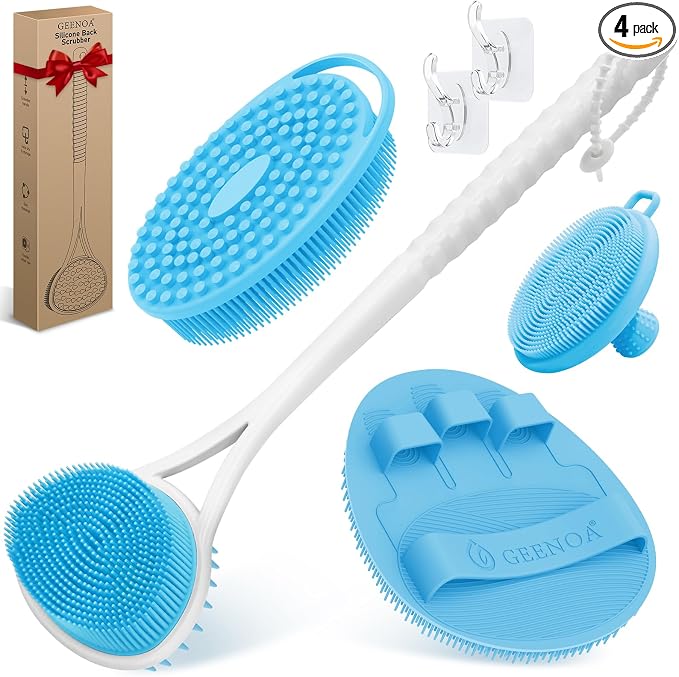 Silicone Back Body Face Scrubbers Set 4PCS, 15.35’’ Back Scrubber Soft Body Scrubber for Dual-Side Usage, Easy-to-Hold Soft Bath Glove & Face Scrubber for Good Foaming Deep Cleaning(Blue)
