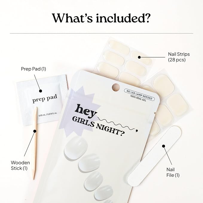 Heyhae Semi Cured Gel Nail Strips Salon Quality - Hey, Girls Night? | No UV Light Needed | Salon Quality, Easy Apply & Remove | 28 Strips, 1 Prep Pad, Nail File, Wooden Stick | White Clear