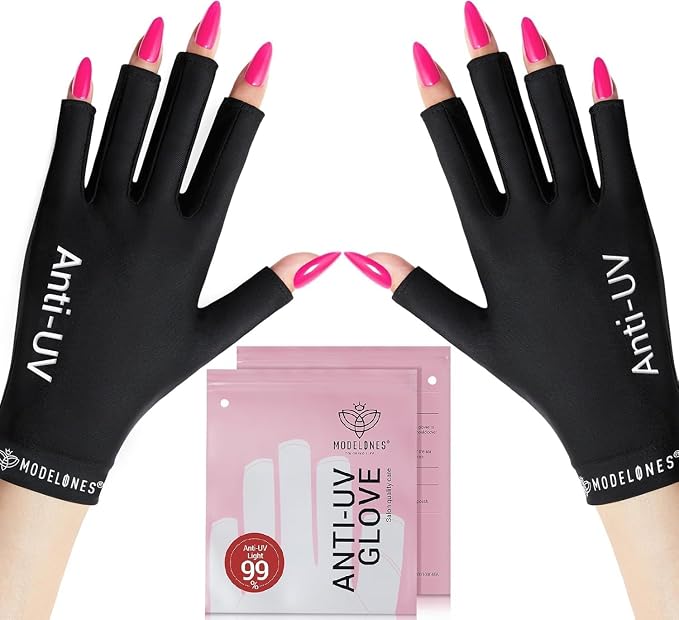 Modelones UV Gloves for Gel Nail Lamp, Black UV Gloves for Gel Manicures | Professional UPF50+ UV Protection Gloves for Manicures Art Skin Care Fingerless Glove for Women