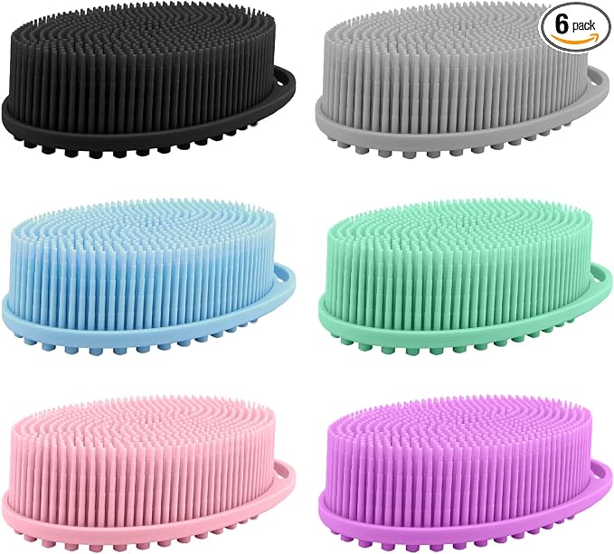 PQRUU 6 Pack Silicone Body Scrubber, Exfoliating Soft Loofah Bath Body Scrubbers for Use in Shower, Exfoliating Body Scrubber Fit for All Kinds of Skin, Rapid Foaming,Black,Blue,Pink,Green,Purple,Gray