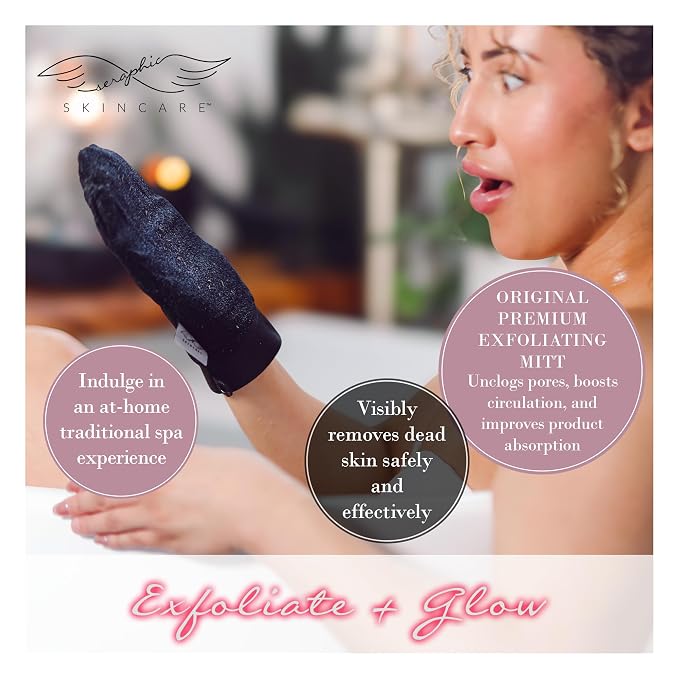 Seraphic Skincare Original Premium Exfoliating Mitt for Body (2pc) – 100% Vegan Viscose Traditional Body Scrub Glove Kessa Korean Washcloth – Body Exfoliator for Self-Tan Removal & Keratosis Pilaris