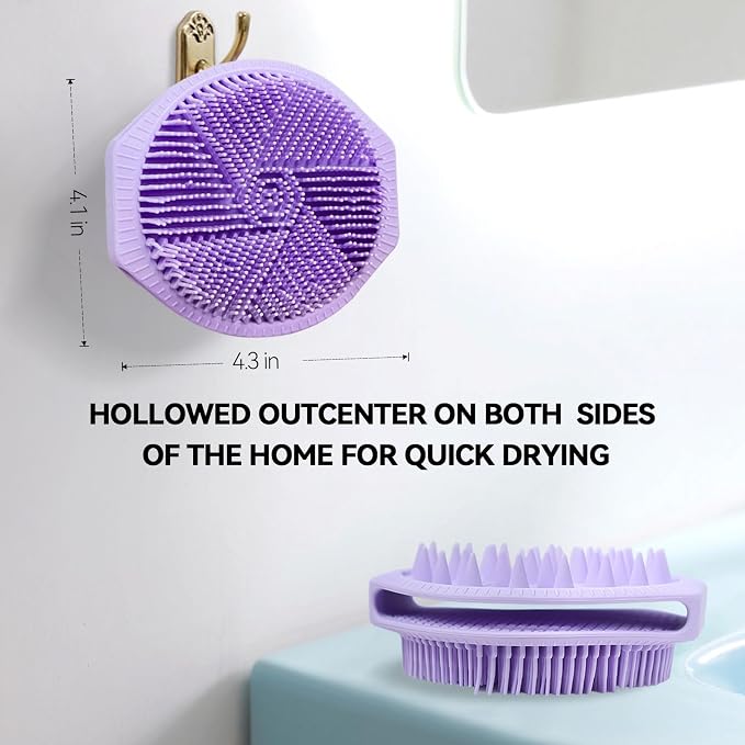 Dual-Sided Silicone Body Scrubber, Silicone Loofah for Shower Exfoliating Body Brush Scrubber for Men and Women for All Skin, Scalp Massager Lather Well＆Easy to Clean (Purple)