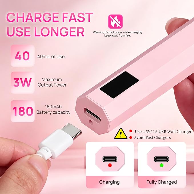 Krofaue Handheld UV Nail Lamp, 180mAh Rechargeable, 20/60s Timer, LCD | Mini portable, 3W fast curing, 180mAh battery, 40 mins cordless use, 20s/60s timers, for gel polish, home DIY, salon, travel