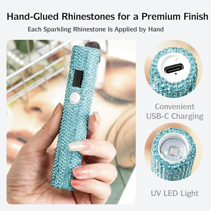 Handheld UV Nail Lamp with Sparkly Rhinestones Green | 3W Portable LED Nail Lamp, Wireless Rechargeable USB Nail Dryer with Silicone Stamper, LCD Display, for Home DIY Manicures